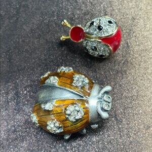 Source Unknown Red and Amber Enamel Ladybug Brooch Pair